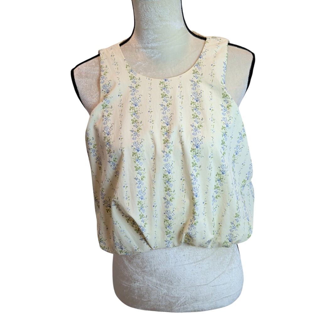 NWT Heyson Sz M Wisteria Bubble Hem Tank Cream Blue Floral Tie Back Cut Out